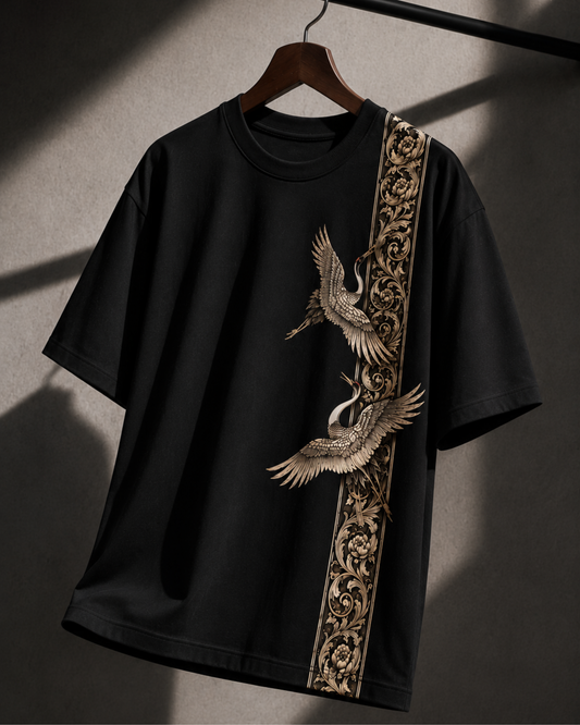 Luxury Japanese Crane Art Black T-Shirt