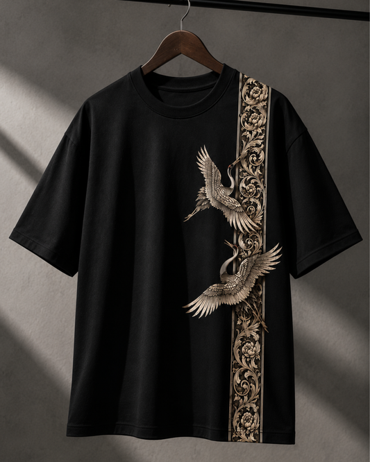 Luxury Japanese Crane Art Black T-Shirt